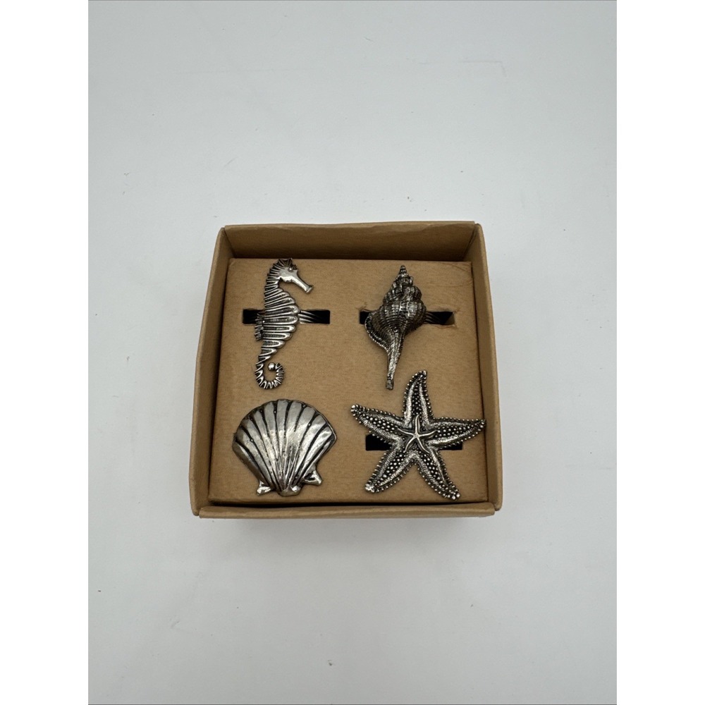 Napkin Ring Holders Silver Metal Seashell Ocean Beach World Market Set of 4